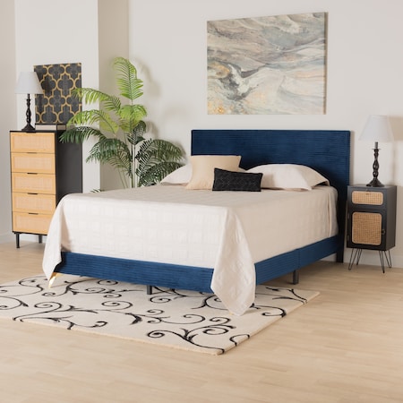 Baxton Studio Abberton Modern and Contemporary Navy Blue Velvet and Gold Metal Queen Size Panel Bed 220-12850-ZORO